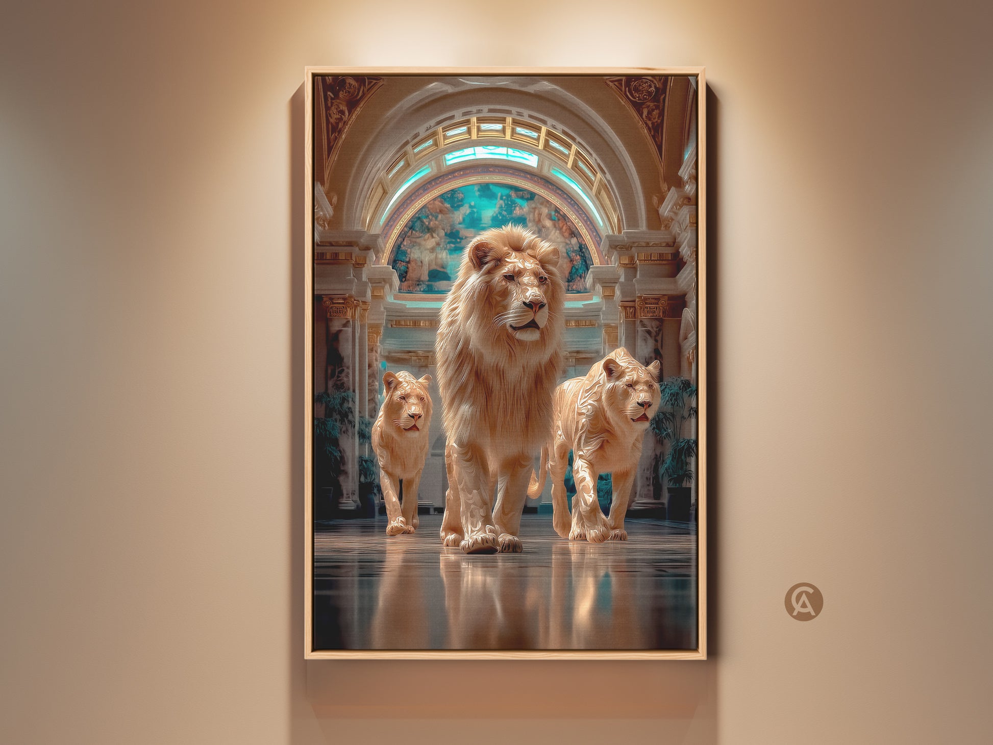 Experience regal elegance with this lion family canvas print. The photorealistic artwork features beige turquoise and gold tones. It's perfect wall art for eclectic homes and adds savannah grandeur. This housewarming gift will be a captivating focal point. The modern animal wall hanging showcases a regal lioness for sophisticated wildlife.
