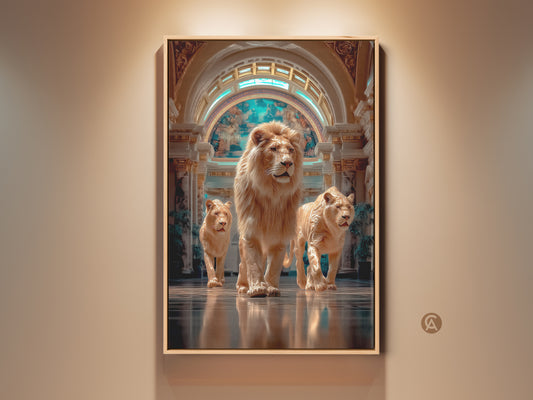 Experience regal elegance with this lion family canvas print. The photorealistic artwork features beige turquoise and gold tones. It's perfect wall art for eclectic homes and adds savannah grandeur. This housewarming gift will be a captivating focal point. The modern animal wall hanging showcases a regal lioness for sophisticated wildlife.