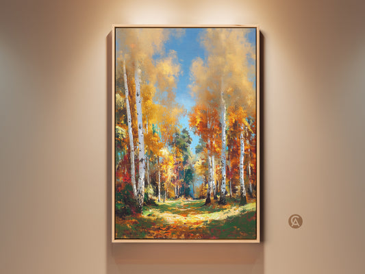Birch Tree Forest Painting. This framed canvas artwork captures the serene beauty of a golden birch forest. The oil painting showcases a sunlit path. Explore nature's beauty.