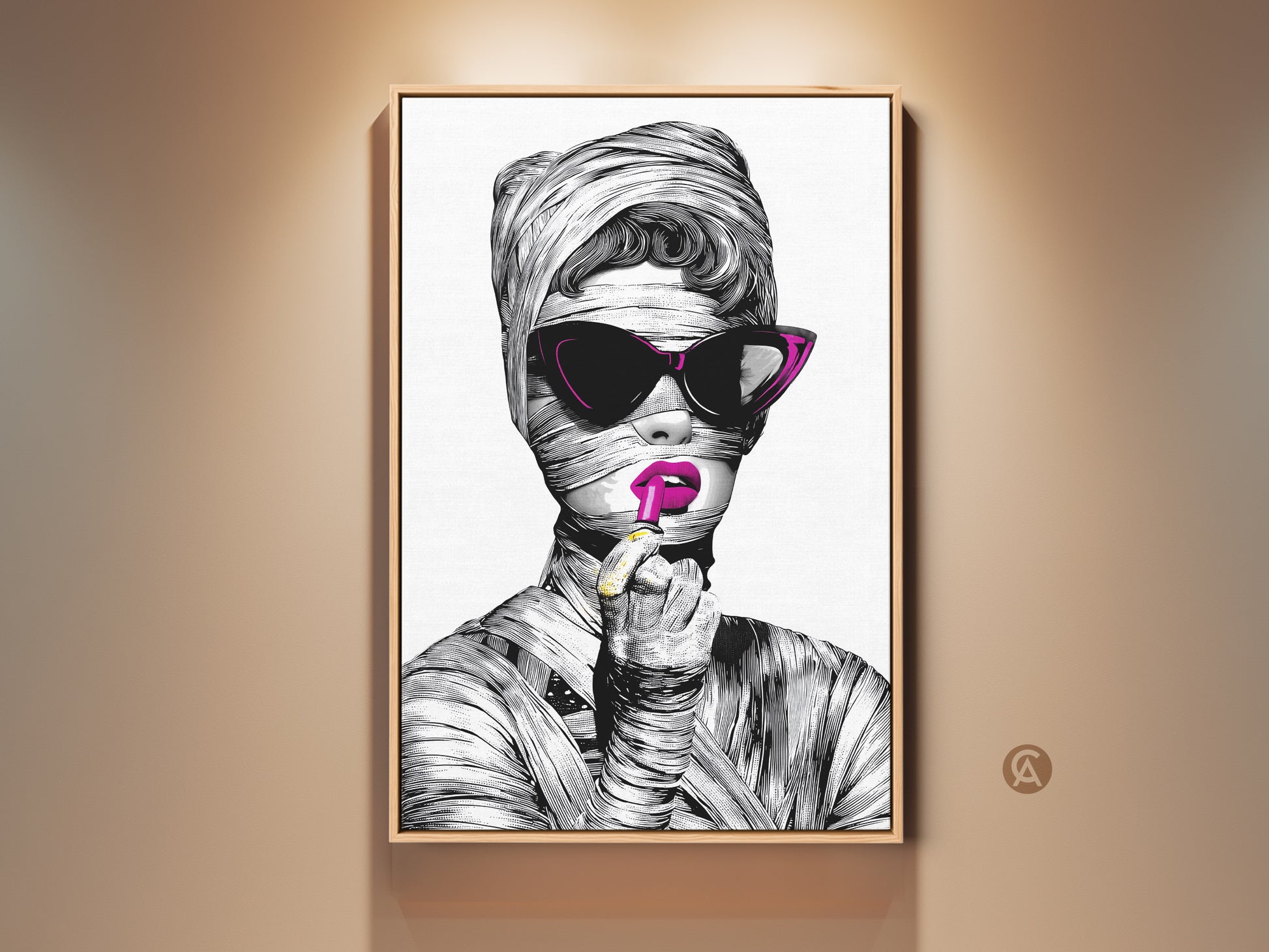 Gallery view of a framed Pop Art Canvas Print. This striking artwork features a fashionable woman in a surrealist portrait. She is adorned with mummy-like bandages and bold magenta lipstick. This modern eclectic decor is perfect for bedroom decor or as a chic gift for fashion lovers.