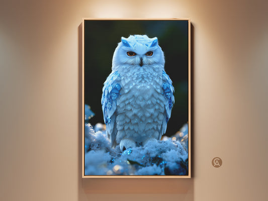 Experience winter's magic with this Snowy Owl art print. The artwork features sparkling blue accents. This wildlife animal canvas adds ethereal beauty to eclectic bedroom art. A perfect owl gift for animal lovers and unique home decor.