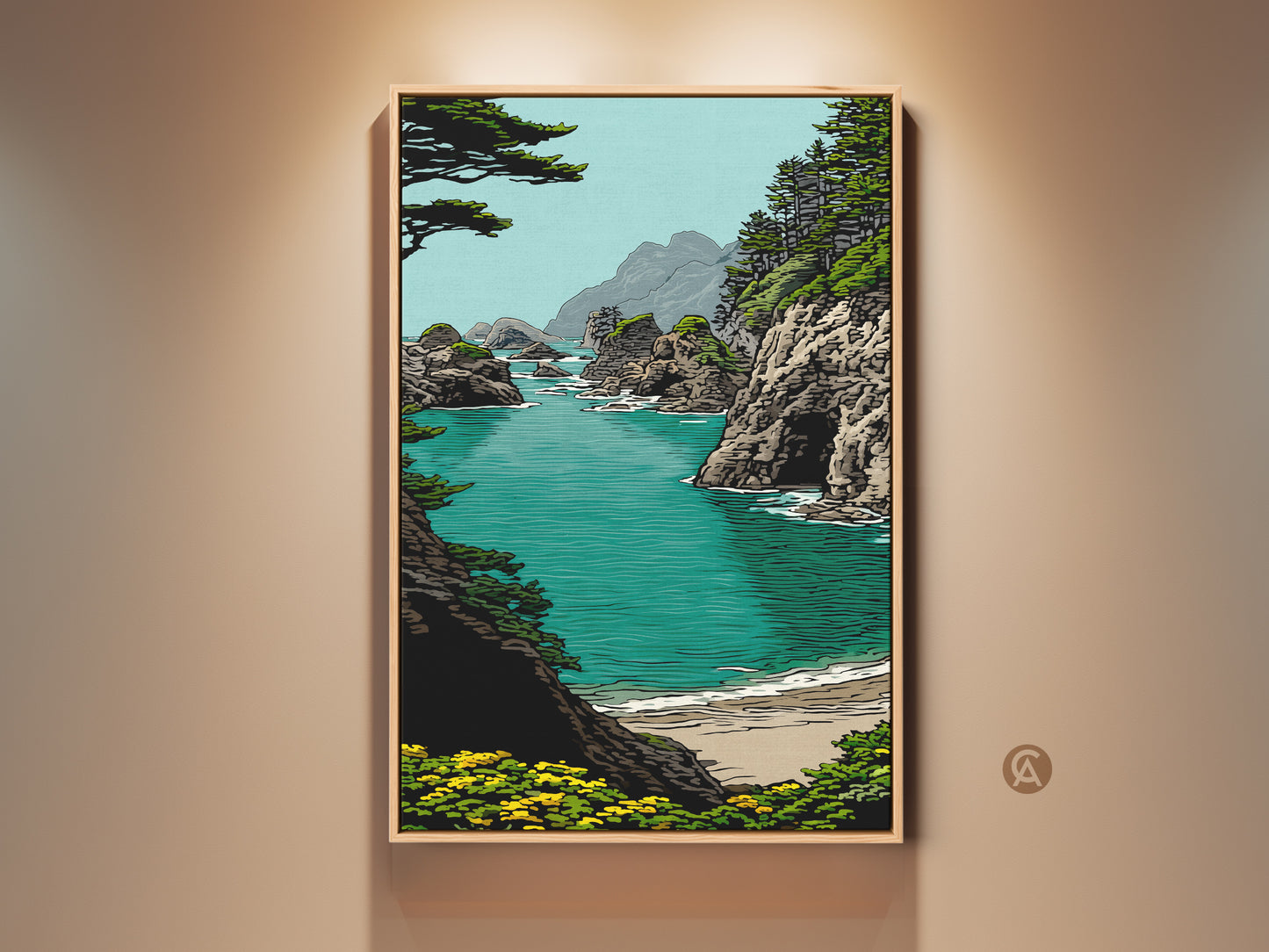 Framed teal ocean landscape art print showcases coastal rocky cliffs and a beach scene. The nature artwork is a housewarming gift idea. The aqua coastline artwork is for residential wall decor. Bold outlines and vibrant colors create a refreshing touch for any room. This coastal art is perfect for home or office wall decor.