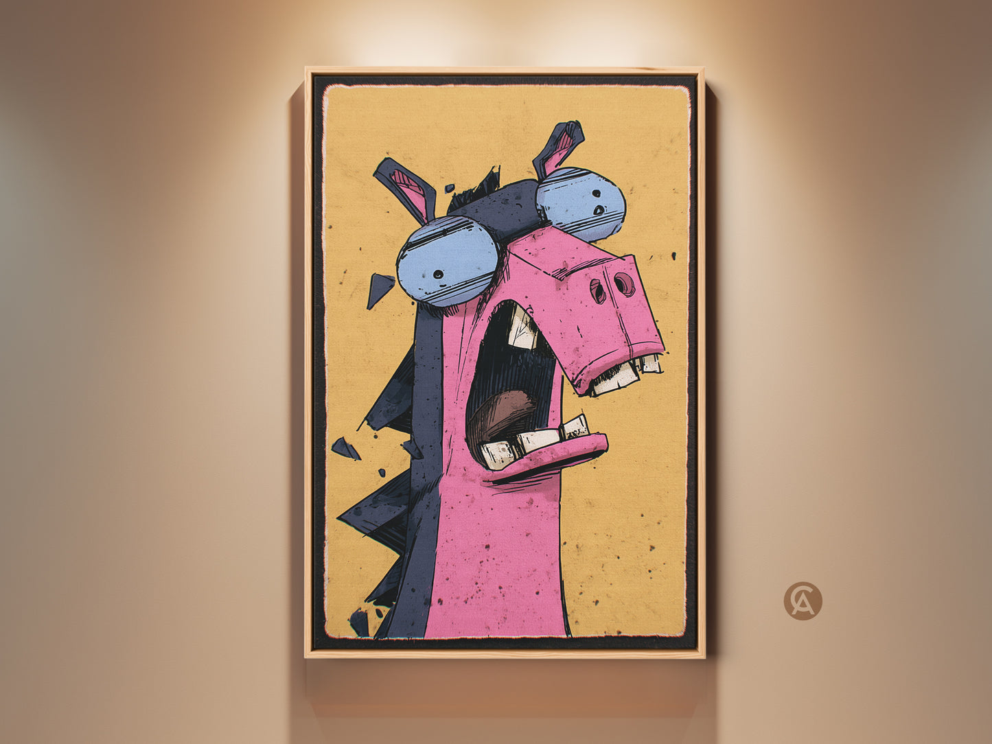 A humorous cartoon donkey art print is framed and hung on a wall. The artwork features a pink and dark blue donkey with eyeglasses. It's an eclectic piece ideal for kids' rooms or quirky home decor. This expressive wall hanging is a fun birthday gift option.