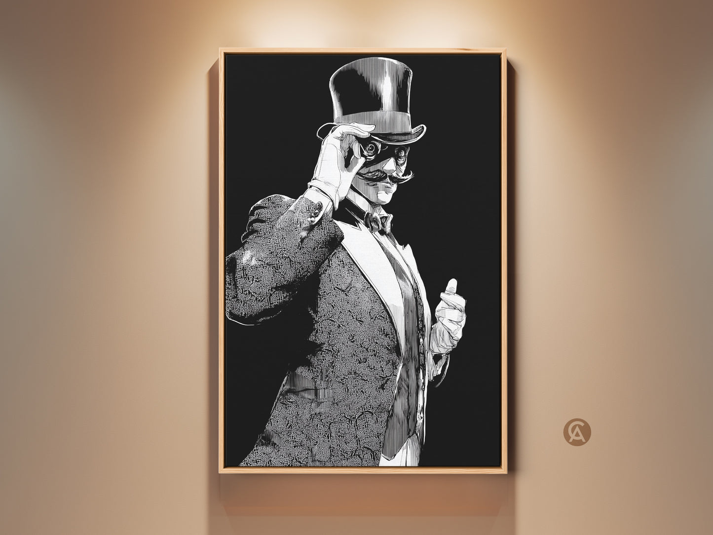 Framed Art Deco gentleman art print. The vintage man with a top hat wall art piece in a black and white ink drawing style. Classic office decor adds sophisticated charm to any study room.