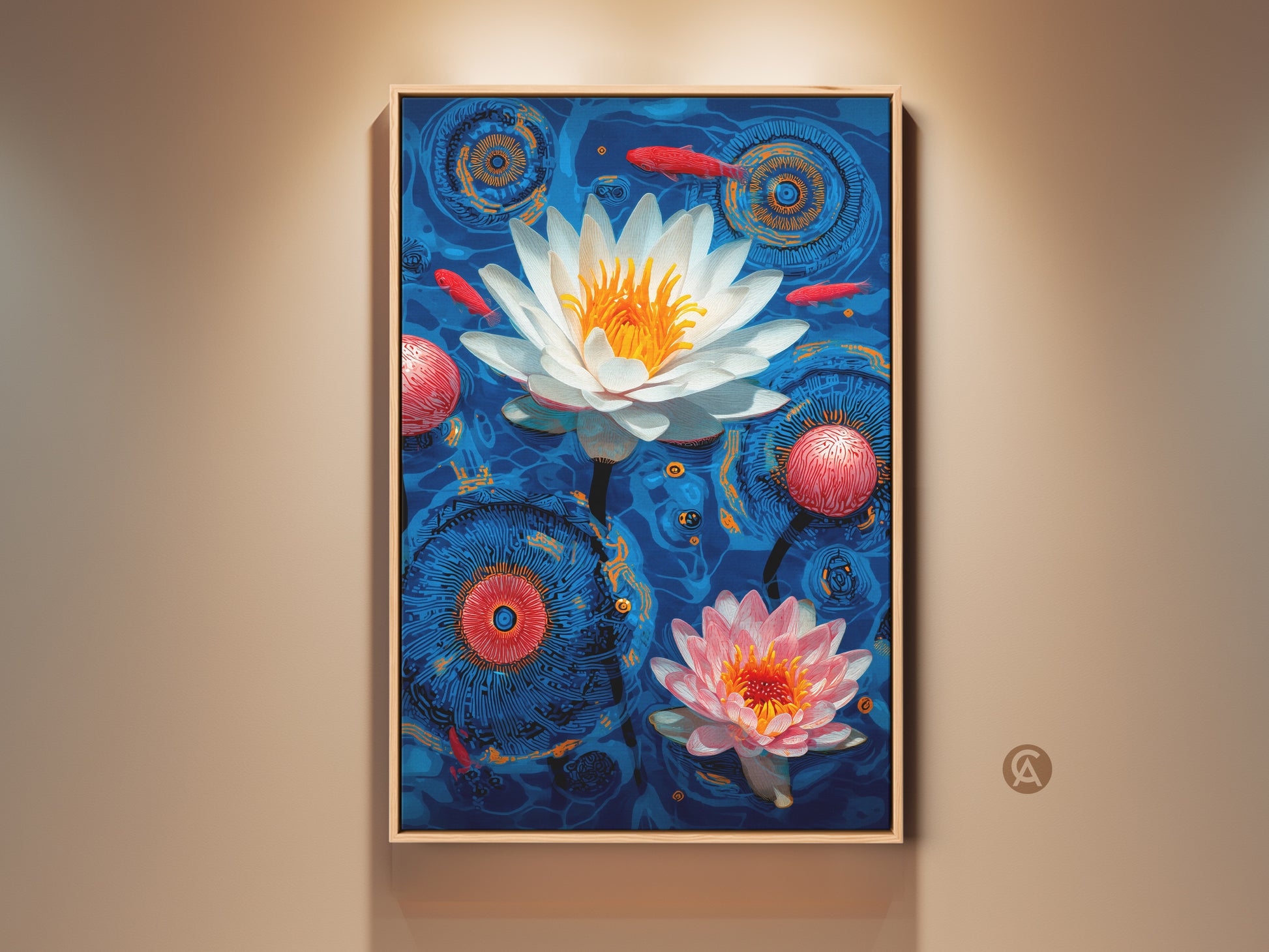 Framed Modern Folk Botanical art featuring water lilies and koi fish. The surreal deep blue orange and red tones create a captivating visual. Perfect for eclectic wall decor this piece adds a touch of nature and tranquility to any home or office space.