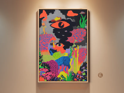 Abstract eye and mushroom canvas print. This neon pink and orange artwork has a pop surrealism style. This eclectic psychedelic wall decor would look great in an office. 