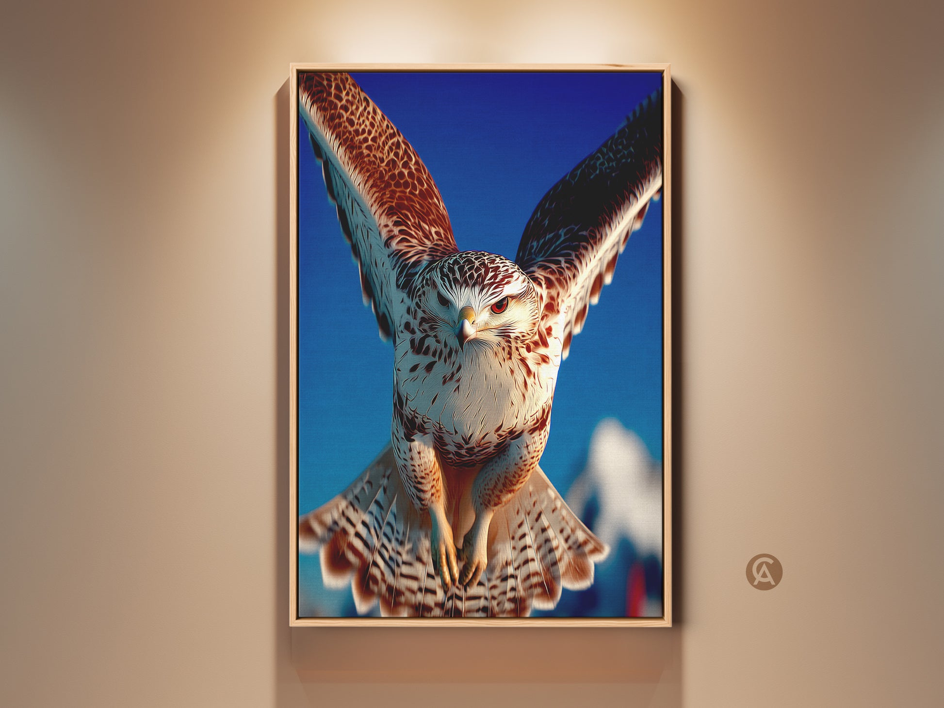 Majestic falcon soars in this realistic bird of prey artwork. The contemporary canvas print features a blue sky background. Ideal wildlife animal artwork for a study or office desk decor a perfect gift for bird lovers seeking nature-inspired art.