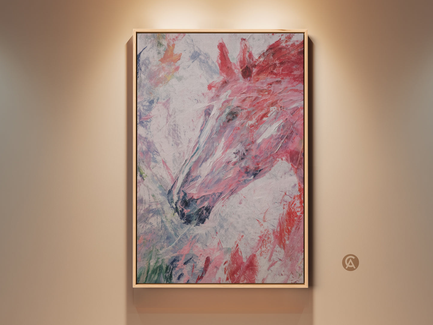 Modern pink and red abstract horse head art print. This equestrian canvas wall art is perfect for a bedroom. The textured animal artwork brings a contemporary feel. It is a unique horse lover gift idea. The colors are bold and expressive. This art is ideal for an equestrian home or stable.