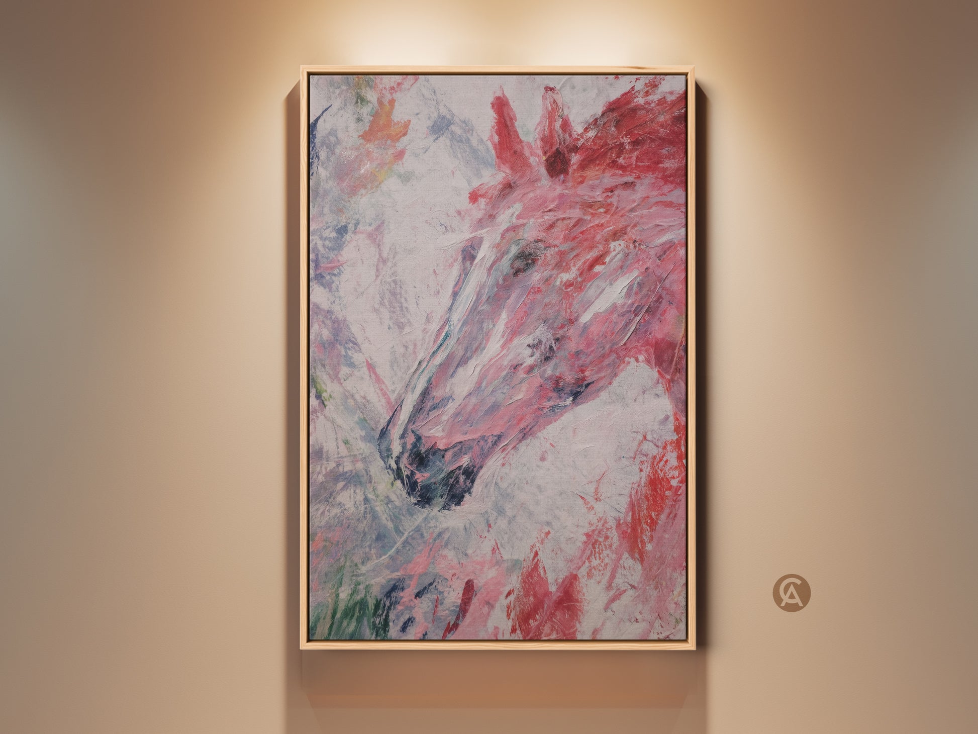 Modern pink and red abstract horse head art print. This equestrian canvas wall art is perfect for a bedroom. The textured animal artwork brings a contemporary feel. It is a unique horse lover gift idea. The colors are bold and expressive. This art is ideal for an equestrian home or stable.