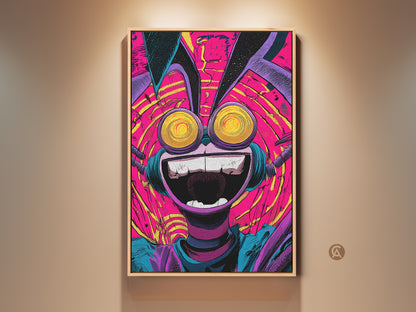 Framed wall art featuring a vibrant and whimsical character. The artwork pops with a psychedelic palette of pinks purples and yellows. This framed print will add a playful touch to any room. The art is ready to hang and enjoy
