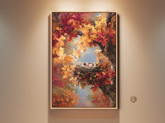 Framed artwork featuring a baby sleeping peacefully in a bird's nest. The nest is nestled within a vibrant autumn tree with leaves of red yellow and orange. This print is a beautiful piece for nursery decor or any space needing a touch of serenity.