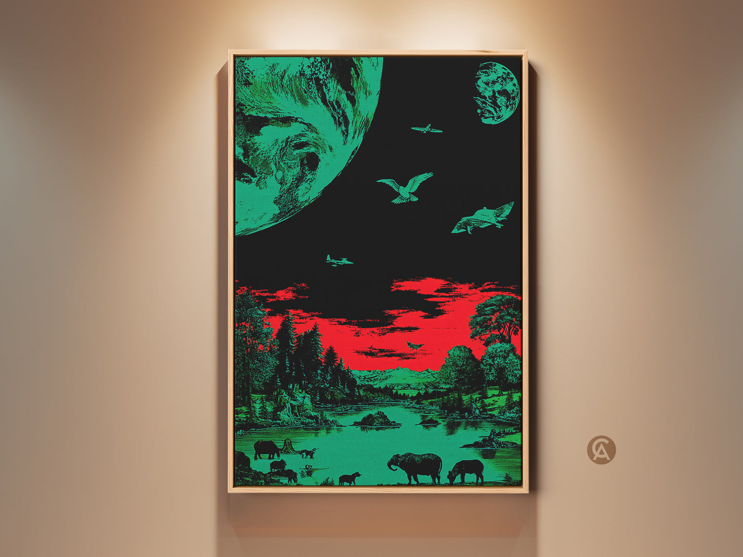 Surreal emerald green and red canvas artwork. It features a cosmic landscape with Earth and wildlife. This retro sci-fi art print adds an eclectic touch to any room. Perfect as office decor or a unique gift for space and nature enthusiasts.