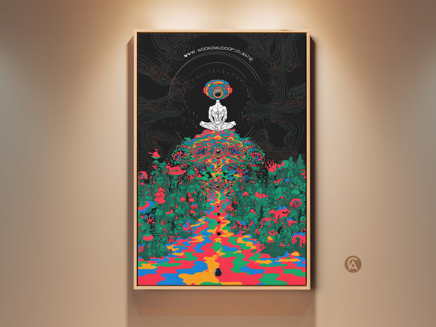 Framed psychedelic mushroom forest canvas art showcases a meditating figure. This surrealism art print blends indigo green hues creating trippy vibes. Eclectic home decor adds a spiritual touch great as a mindfulness gift.