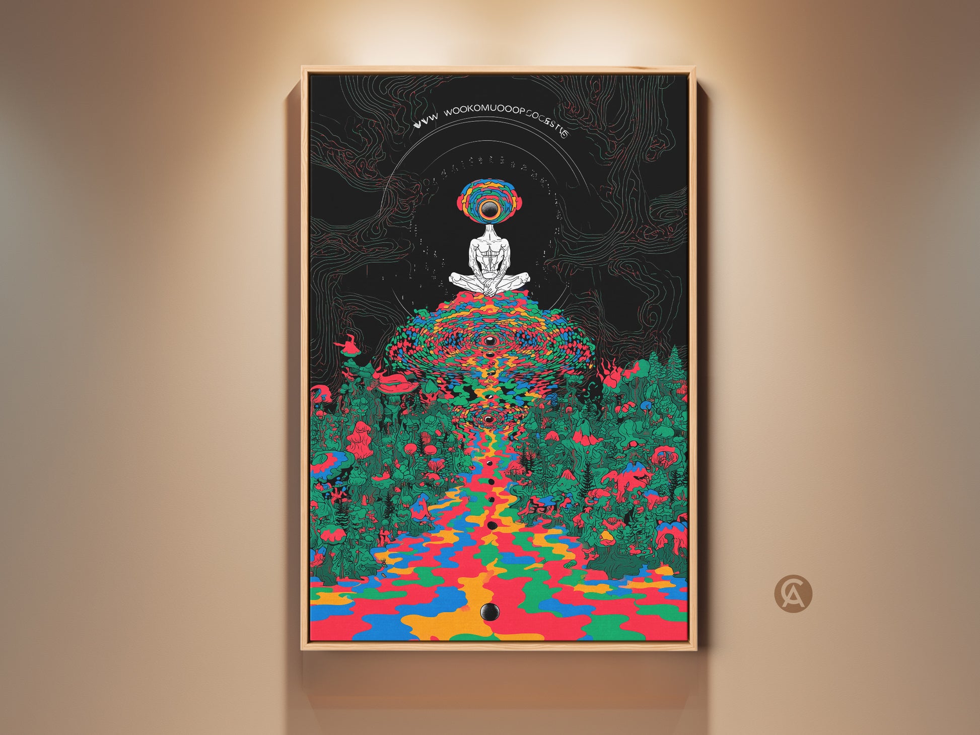 Framed psychedelic mushroom forest canvas art showcases a meditating figure. This surrealism art print blends indigo green hues creating trippy vibes. Eclectic home decor adds a spiritual touch great as a mindfulness gift.