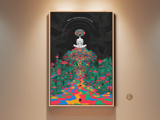 Framed psychedelic mushroom forest canvas art showcases a meditating figure. This surrealism art print blends indigo green hues creating trippy vibes. Eclectic home decor adds a spiritual touch great as a mindfulness gift.