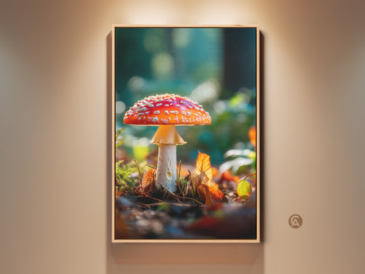 Amanita Muscaria mushroom art print displayed in a wooden frame. The artwork shows a single mushroom on the forest floor. The warm lighting adds depth and highlights the mushroom's color. Buy framed art online today.