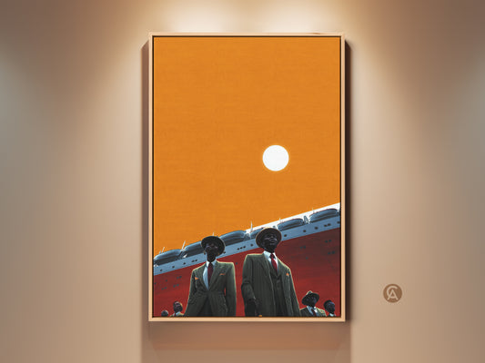 Art Deco ocean liner canvas print featuring retro men in suits against a bright orange sky. This vintage travel poster brings a touch of eclectic charm to any room. The artwork captures the golden age of travel and makes a great housewarming gift. Perfect for adding nostalgic sophistication to your home decor.