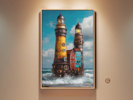 Framed Steampunk Lighthouse Art Print on canvas. It features nautical coastal wall art in a living room setting. The industrial ocean seascape painting has yellow lighthouse on a blue ocean wave canvas art.