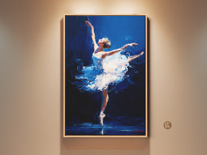 Framed artwork featuring a ballerina in a graceful pose. The painting showcases a dancer in mid-motion against a deep blue backdrop. The artwork is displayed in a natural wood frame. Ideal wall decor for dance enthusiasts and art collectors seeking elegance. Perfect for adding a touch of sophistication to any room.