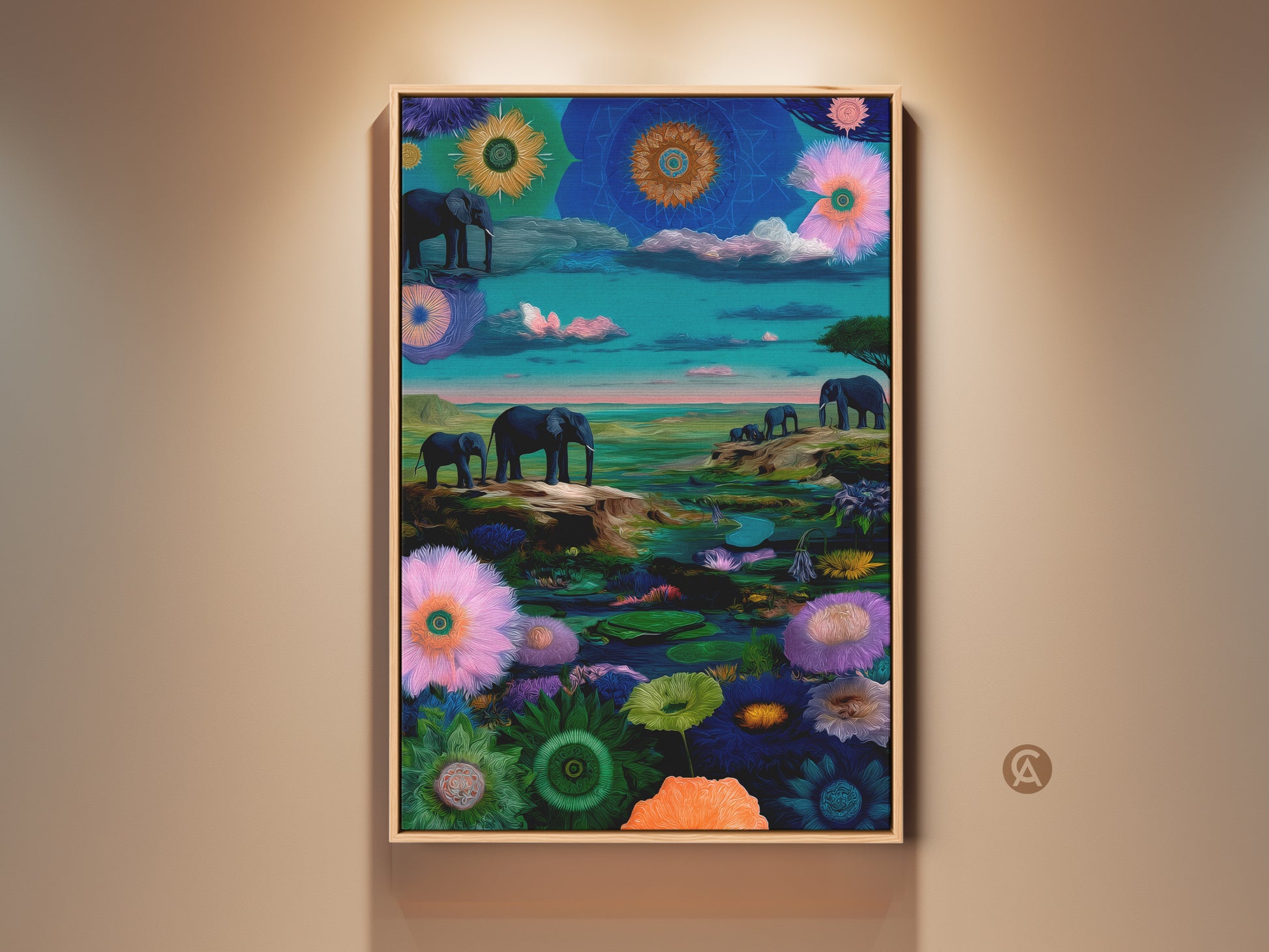 Surreal Elephant Art Print on display. The framed canvas features an emerald blue floral scene. African safari wildlife is showcased in this eclectic fantasy nature artwork. It is a beautiful piece for home decor.