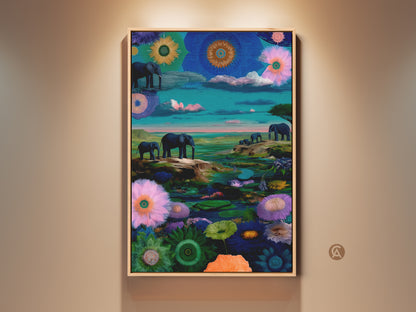 Surreal Elephant Art Print on display. The framed canvas features an emerald blue floral scene. African safari wildlife is showcased in this eclectic fantasy nature artwork. It is a beautiful piece for home decor.