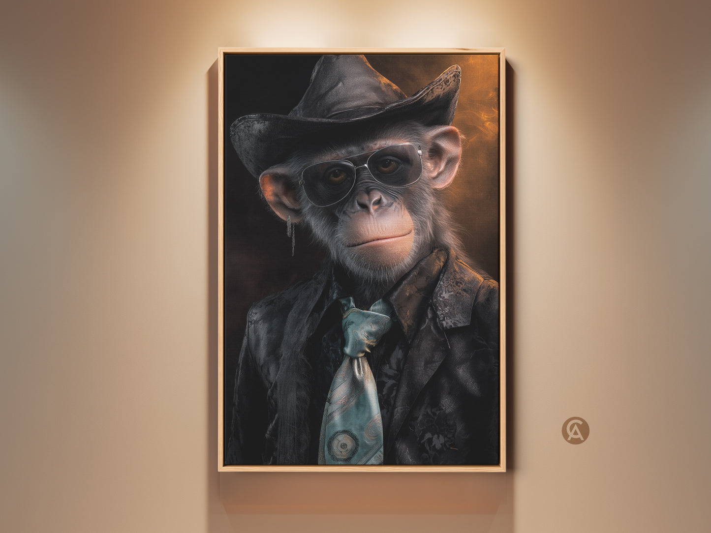 Framed surreal chimpanzee cowboy canvas print. This photorealistic animal art in black grey and brown tones makes a unique office wall decor gift. Stylish monkey with hat art adds character to living spaces. It's a conversation starter wall art.