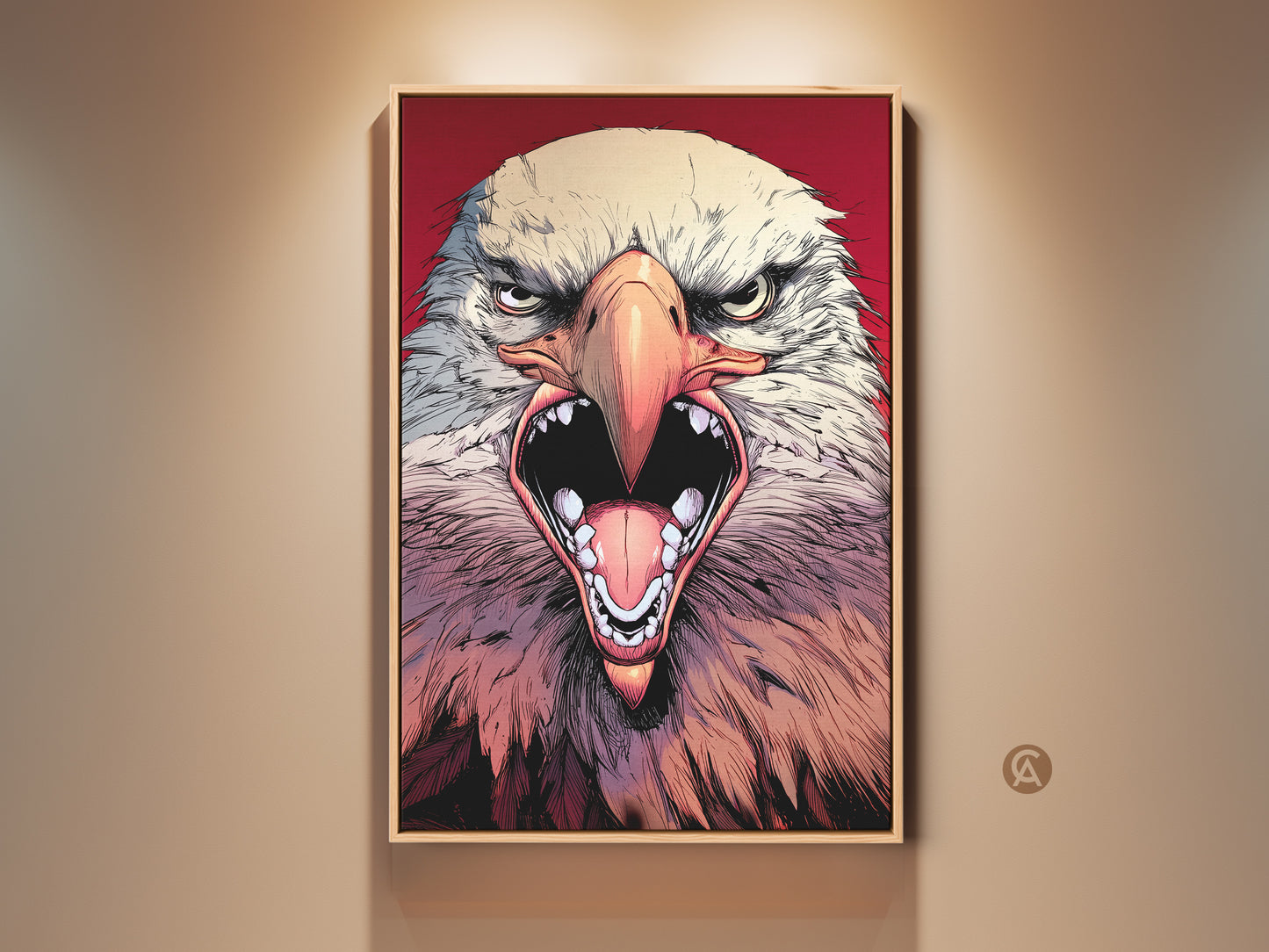 Modern Fierce Eagle Wall Art Print in a frame. The dynamic comic style wildlife canvas is ideal Patriot Gift. This striking animal artwork is perfect for a Man Cave or Office Decor.