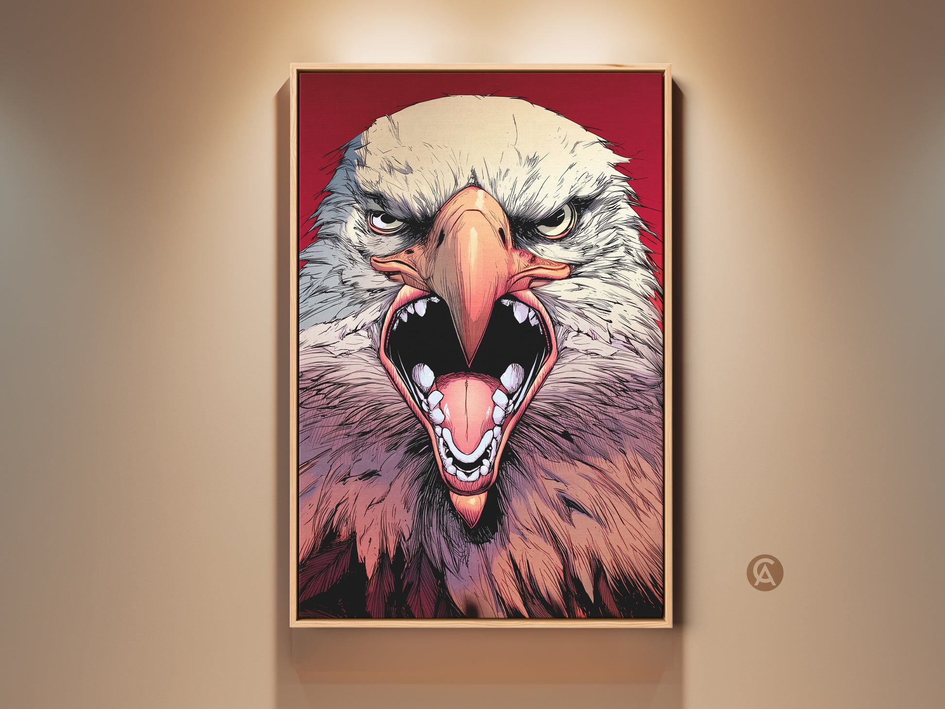 Modern Fierce Eagle Wall Art Print in a frame. The dynamic comic style wildlife canvas is ideal Patriot Gift. This striking animal artwork is perfect for a Man Cave or Office Decor.