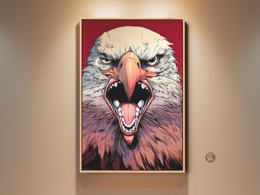 Modern Fierce Eagle Wall Art Print in a frame. The dynamic comic style wildlife canvas is ideal Patriot Gift. This striking animal artwork is perfect for a Man Cave or Office Decor.