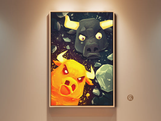 A striking canvas art print displays a bold Minotaur and Bull illustration. Vibrant orange yellow and teal colors pop against the dark cosmic backdrop with shattered elements. This fantasy art makes a perfect statement piece for a Man Cave or office. It adds an eclectic and dynamic feel as unique wall decor.