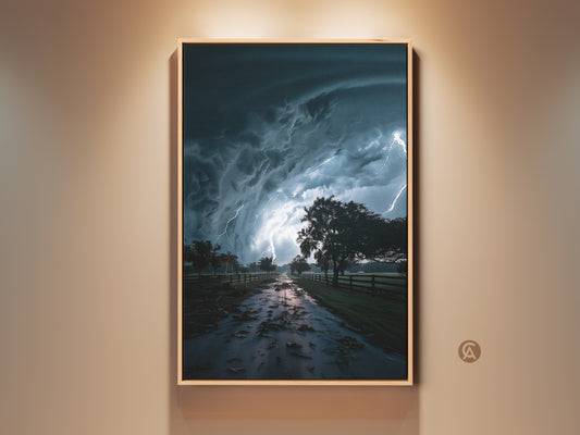 Framed dramatic storm canvas art featuring a lightning landscape print. The teal and dark blue weather artwork provides contemporary nature wall decor. A powerful lightning artwork adds a striking focal point to any room. It's a perfect housewarming gift for nature lovers seeking impactful home decor.