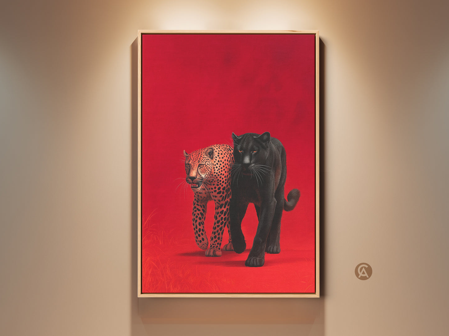 Framed wall art showcases a black panther and leopard against a red backdrop. The art is displayed in a natural wood frame under warm lighting. This striking piece adds a touch of wildlife elegance to any interior decor. The vibrant colors and detailed animal artwork create a captivating focal point for art lovers.