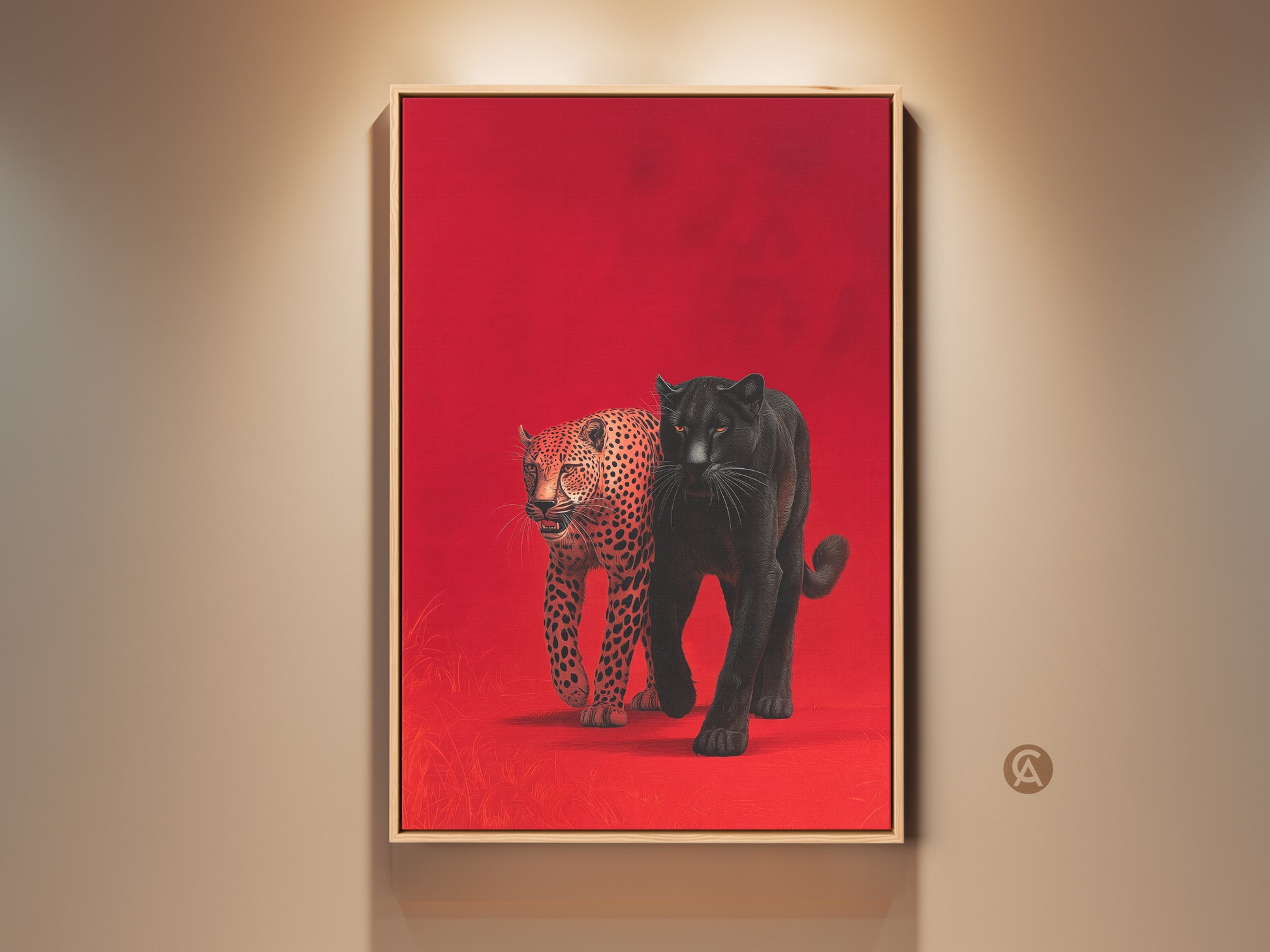 Framed wall art showcases a black panther and leopard against a red backdrop. The art is displayed in a natural wood frame under warm lighting. This striking piece adds a touch of wildlife elegance to any interior decor. The vibrant colors and detailed animal artwork create a captivating focal point for art lovers.