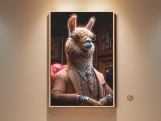 Llama Gentleman Portrait Wall Art. Tan suit. Eclectic office decor. Sophisticated animal art print for home or office. The dapper llama in glasses adds a touch of whimsy. Perfect gift for animal art lovers.