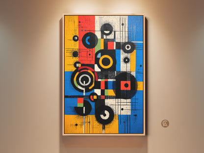 A striking Mid-Century Modern abstract art canvas print. The artwork features geometric circles and squares in a bold yellow red and blue palette. It is a vibrant piece ready to enhance any modern living space or office decor.