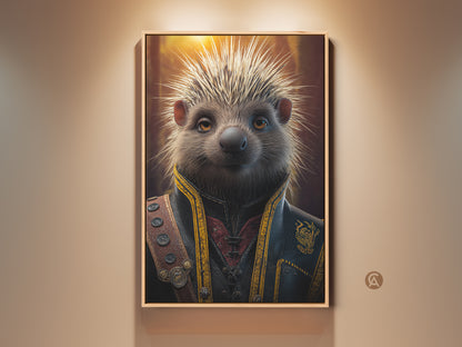 Fantasy hedgehog art print for unique wall decor. This steampunk Victorian animal artwork adds an eclectic touch to any study room or office. A perfect gold yellow brown gift.