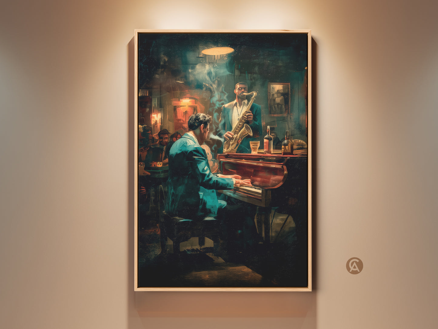 Experience the soulful ambiance of a jazz club with this captivating artwork. A pianist in a blue suit plays as a saxophonist accompanies. The art piece captures a smoky intimate setting. Perfect for music lovers & art collectors seeking to add artistic flair to their space.