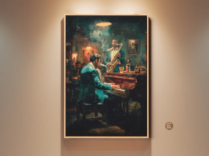 Experience the soulful ambiance of a jazz club with this captivating artwork. A pianist in a blue suit plays as a saxophonist accompanies. The art piece captures a smoky intimate setting. Perfect for music lovers & art collectors seeking to add artistic flair to their space.
