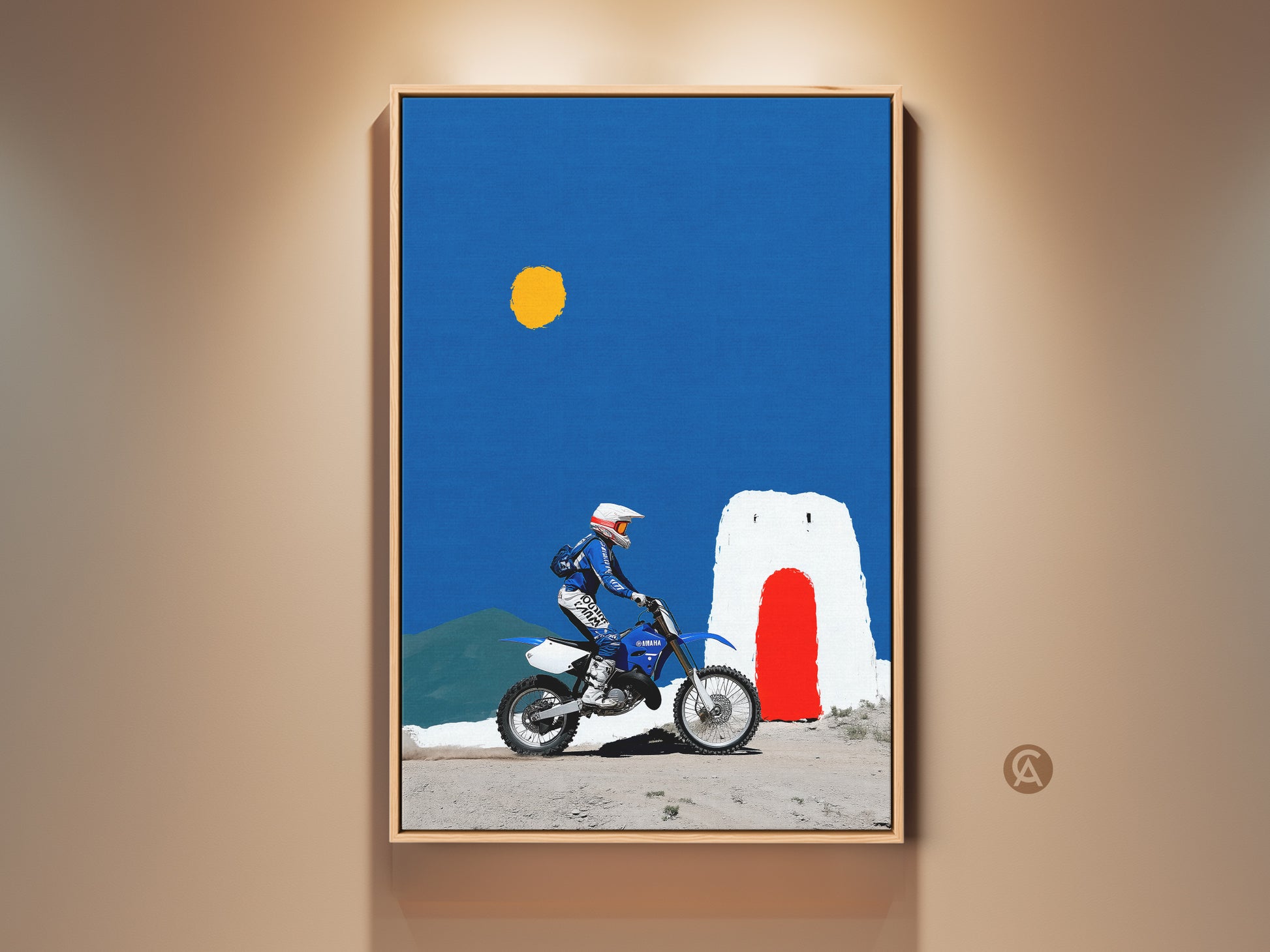 Modern Motocross Rider art print. Features a Yamaha dirt bike under a deep blue sky and bright yellow sun. Minimalist man cave wall decor with a red door adobe art. This off-road adventure canvas captures extreme sports and travel.