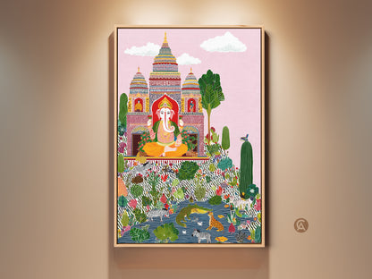 Framed Ganesha folk art canvas print. Spiritual art meets eclectic flair in this colorful print. A perfect home decor piece for a spiritual friend. The zebra and botanical details add whimsy to the red and orange hues. This vibrant Ganesha wall art is a unique cultural statement.