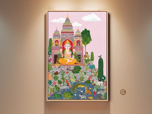 Framed Ganesha folk art canvas print. Spiritual art meets eclectic flair in this colorful print. A perfect home decor piece for a spiritual friend. The zebra and botanical details add whimsy to the red and orange hues. This vibrant Ganesha wall art is a unique cultural statement.