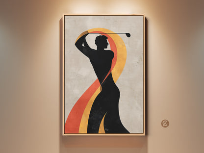 Abstract Golf Art Print. A mid-century modern golfer is captured mid-swing. Retro black orange beige canvas decor. This artwork brings sporty elegance to any office or living room space.