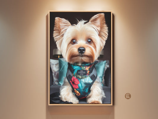 A photorealistic Yorkshire Terrier artwork on canvas. This boho tropical pet portrait features a vibrant floral harness. The beige and brown tones bring warmth to eclectic home decor. It is a unique gift for dog owners.