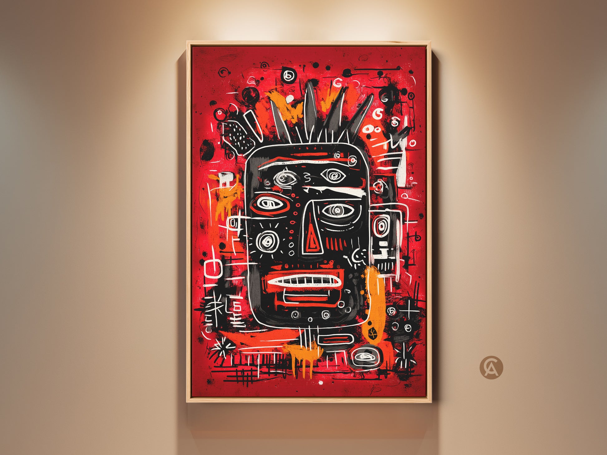 Vibrant portrait painting with a red backdrop. The artwork features a black face adorned with multiple eyes and geometric shapes. This unique piece is framed and ready to hang adding a bold artistic statement to any space. Perfect for modern art lovers.
