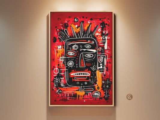 Vibrant portrait painting with a red backdrop. The artwork features a black face adorned with multiple eyes and geometric shapes. This unique piece is framed and ready to hang adding a bold artistic statement to any space. Perfect for modern art lovers.