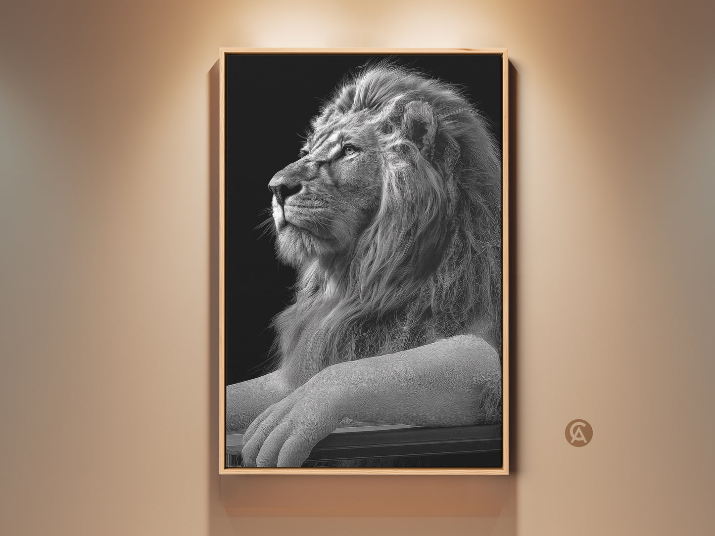 Framed monochrome lion art print displayed in a well lit room. This black and white wildlife wall art adds regal elegance to any space. A perfect gift for lion lovers looking for study or office decor.