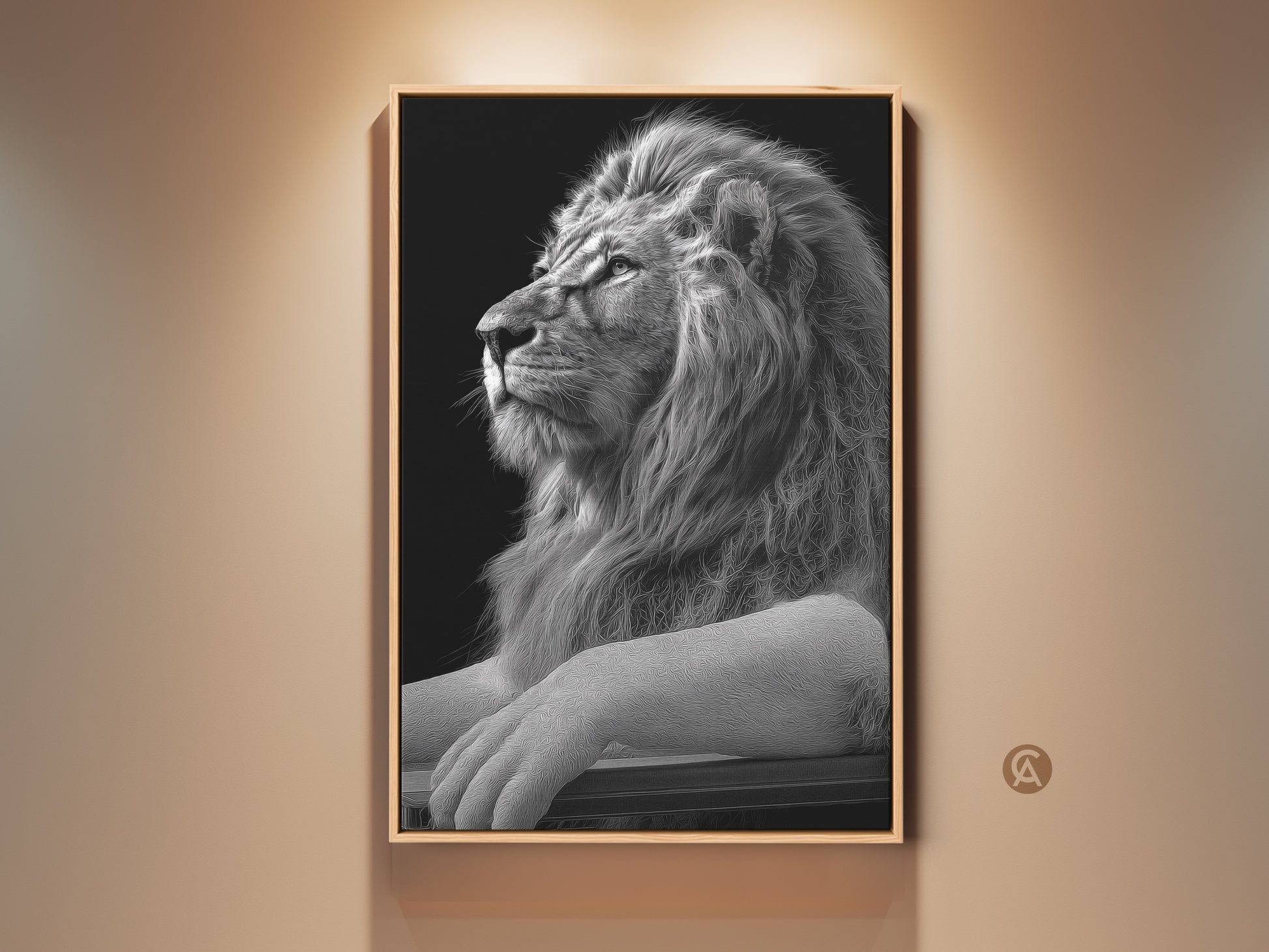 Framed monochrome lion art print displayed in a well lit room. This black and white wildlife wall art adds regal elegance to any space. A perfect gift for lion lovers looking for study or office decor.
