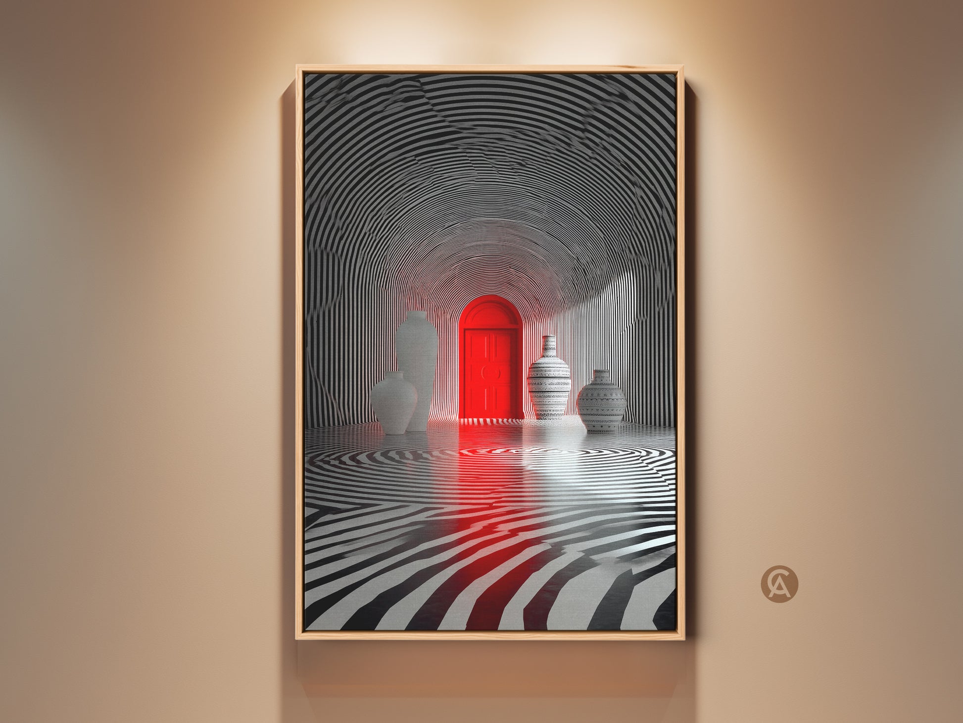 Striking optical illusion art featuring a red door. Vases add intrigue to the monochromatic zebra stripe tunnel. This captivating artwork is a conversation starter. Perfect for modern spaces needing a bold focal point.