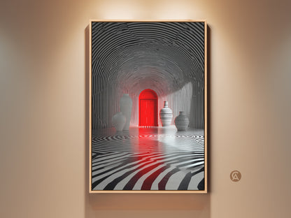 Striking optical illusion art featuring a red door. Vases add intrigue to the monochromatic zebra stripe tunnel. This captivating artwork is a conversation starter. Perfect for modern spaces needing a bold focal point.