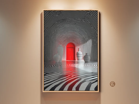 Striking optical illusion art featuring a red door. Vases add intrigue to the monochromatic zebra stripe tunnel. This captivating artwork is a conversation starter. Perfect for modern spaces needing a bold focal point.
